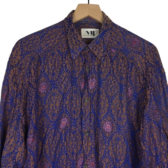 VINTAGE VIP Button Down Shirt Metallic Embroidered Shimmer Retro Funky Medium - Picture 2 of 14